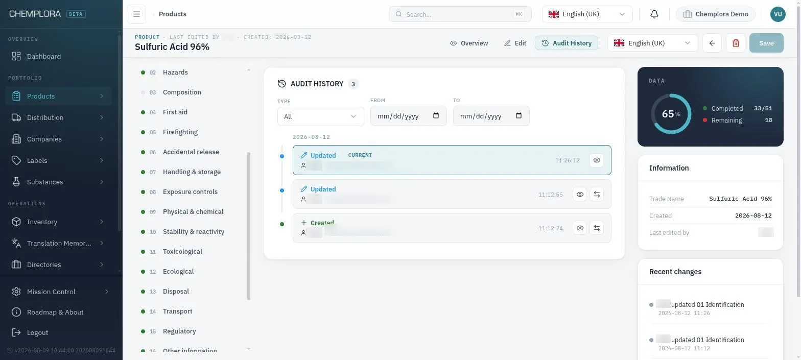 Version history showing document changes and comparison view