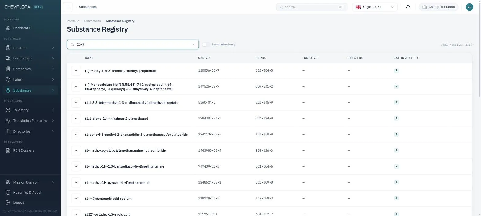 Substance library interface showing chemical data and classifications